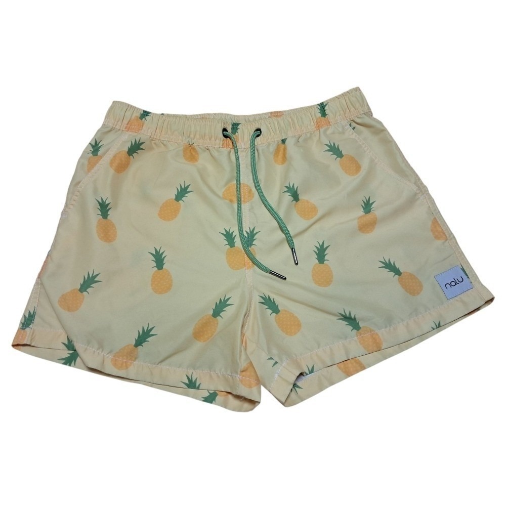 Nalu Mens Pineapple Print Swim Trunks Yellow Green Drawstring Mesh Lined Size‎ M